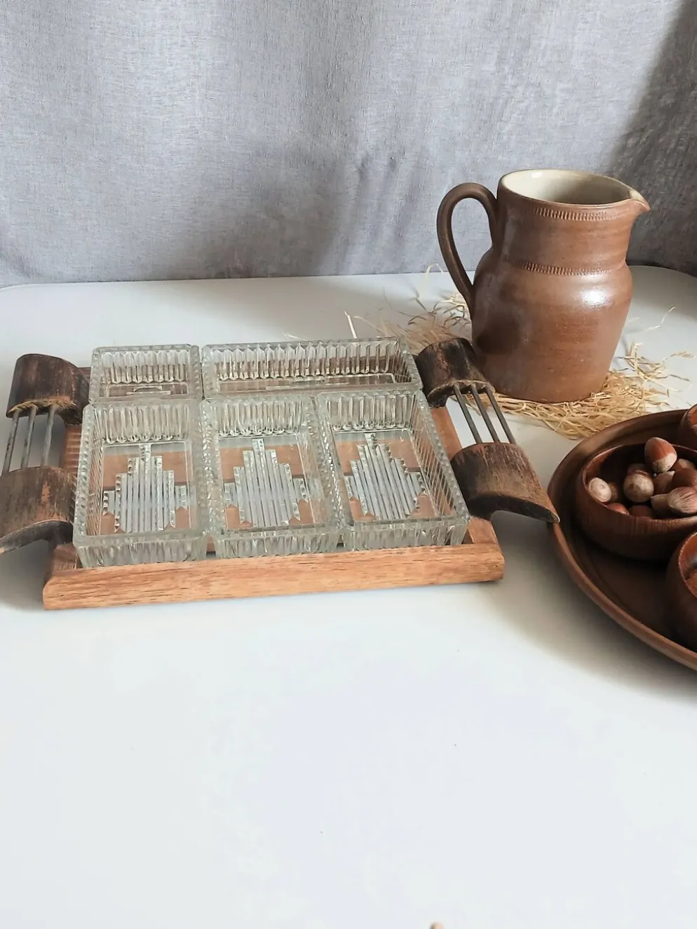 Plateau de service apéritif compartimenté en bois et verre vintage art déco
