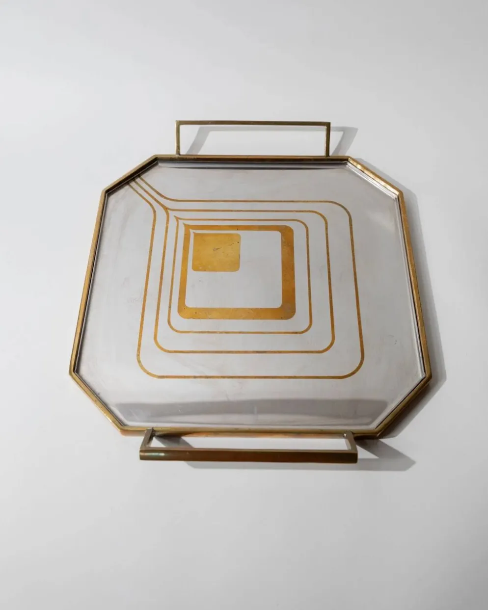 Plateau de service octogonal vintage en acier inoxydable et laiton, années 1970