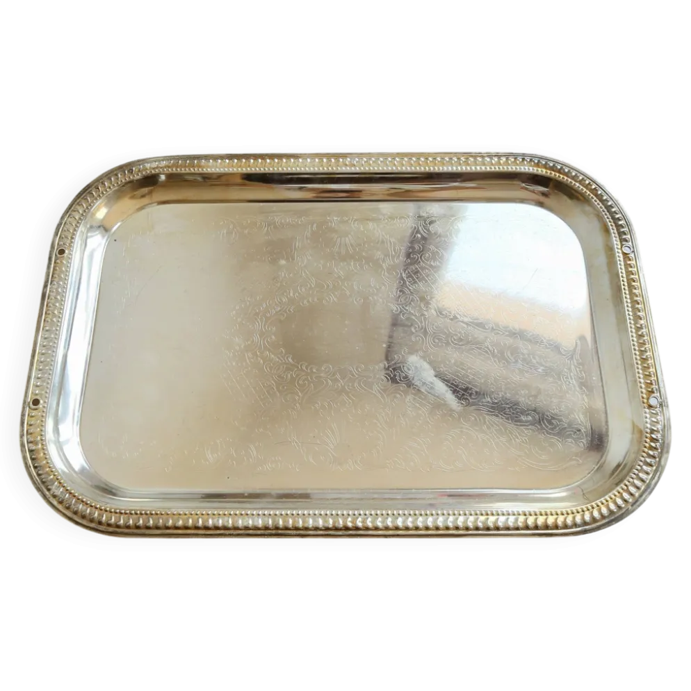 Plateau de service rectangulaire vintage métal argenté – Décor gravé
