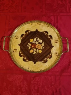 plateau de service rond en marqueterie italienne
