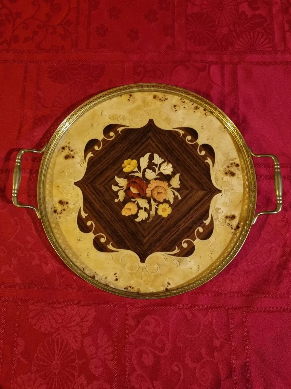 plateau de service rond en marqueterie italienne