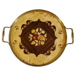plateau de service rond en marqueterie italienne