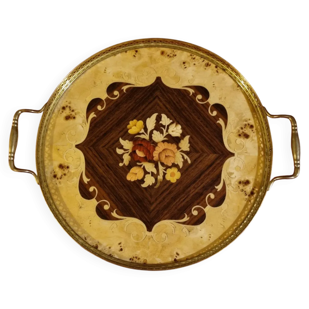 plateau de service rond en marqueterie italienne
