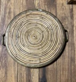 Plateau de service rond vintage bambou et laiton