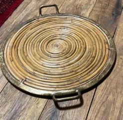 Plateau de service rond vintage bambou et laiton