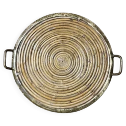 Plateau de service rond vintage bambou et laiton