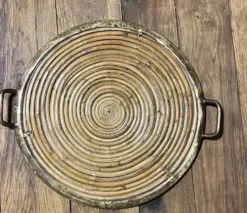 Plateau de service rond vintage bambou et laiton