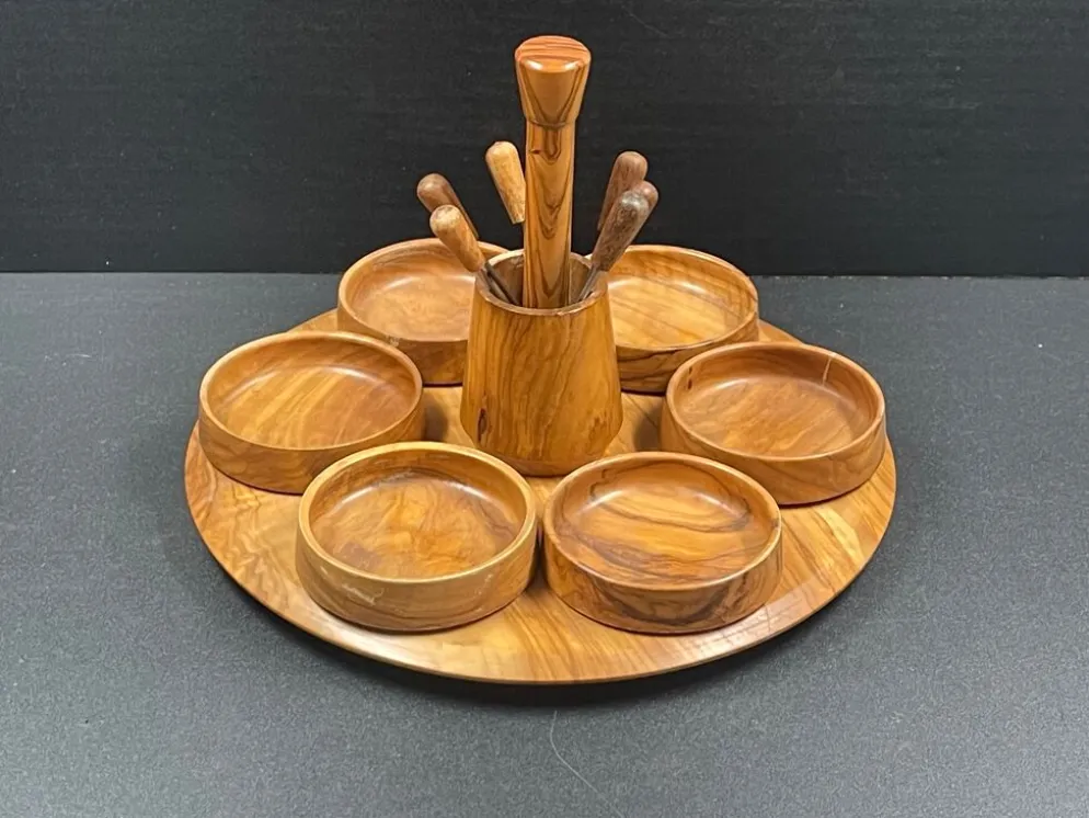 Plateau de service, serviteur vintage en bois d'olivier