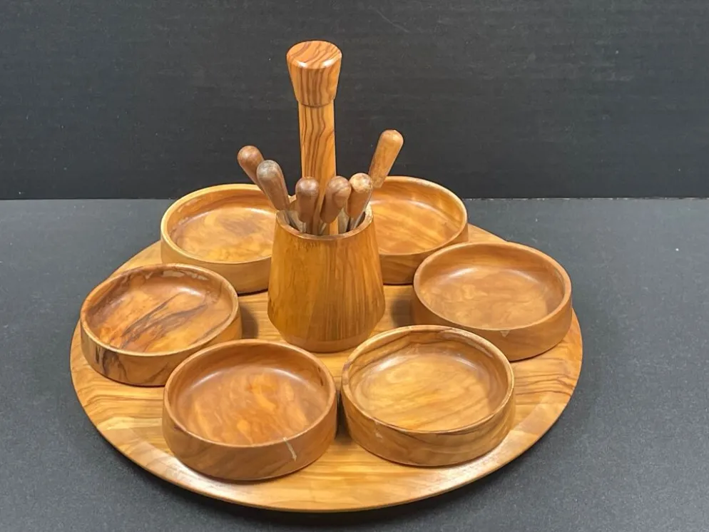 Plateau de service, serviteur vintage en bois d'olivier