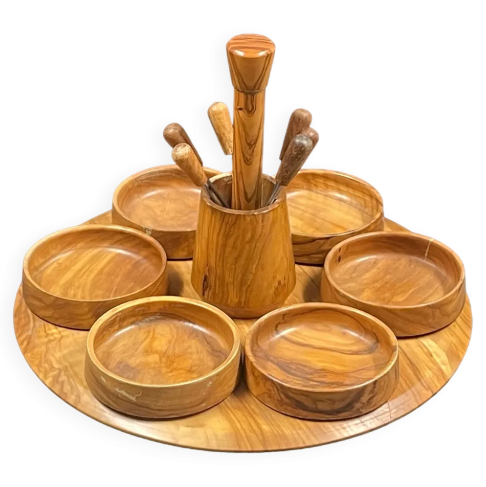Plateau de service, serviteur vintage en bois d'olivier