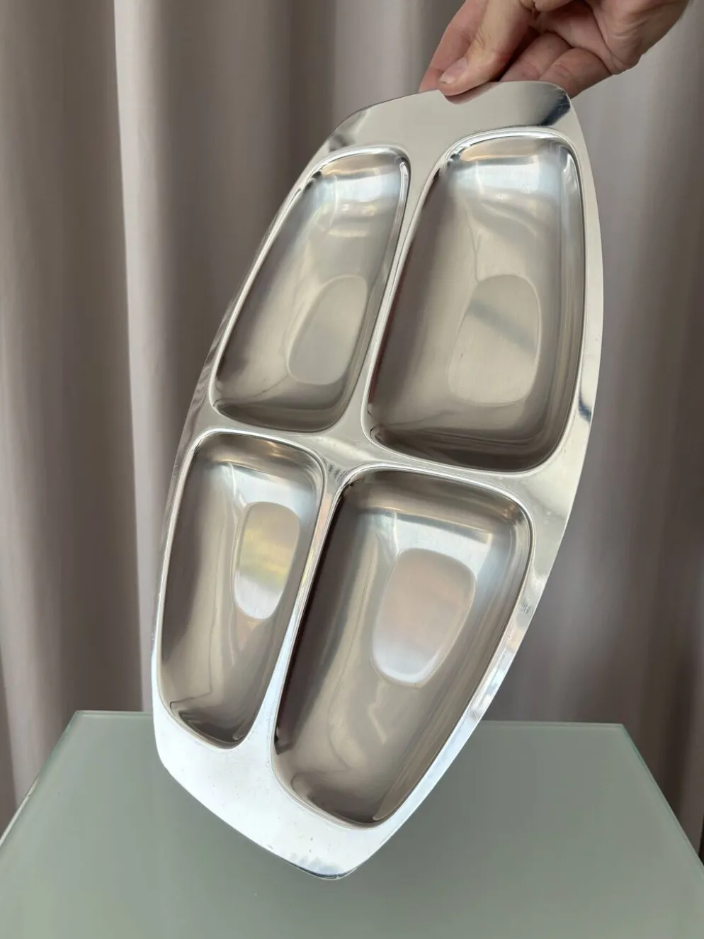 Plateau de service vintage Alessi en acier inoxydable 18/10 à quatre compartiments – Italie