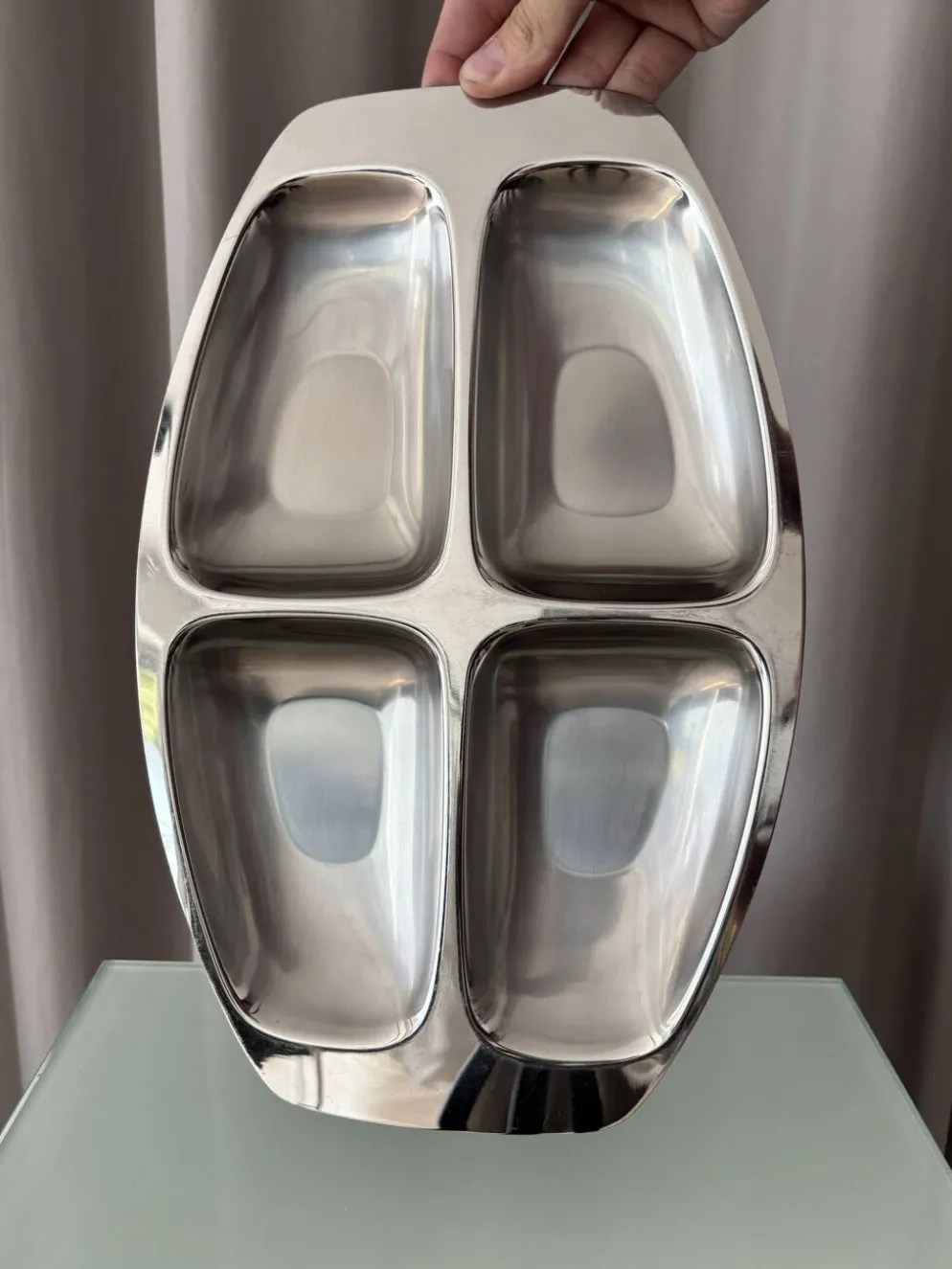 Plateau de service vintage Alessi en acier inoxydable 18/10 à quatre compartiments – Italie