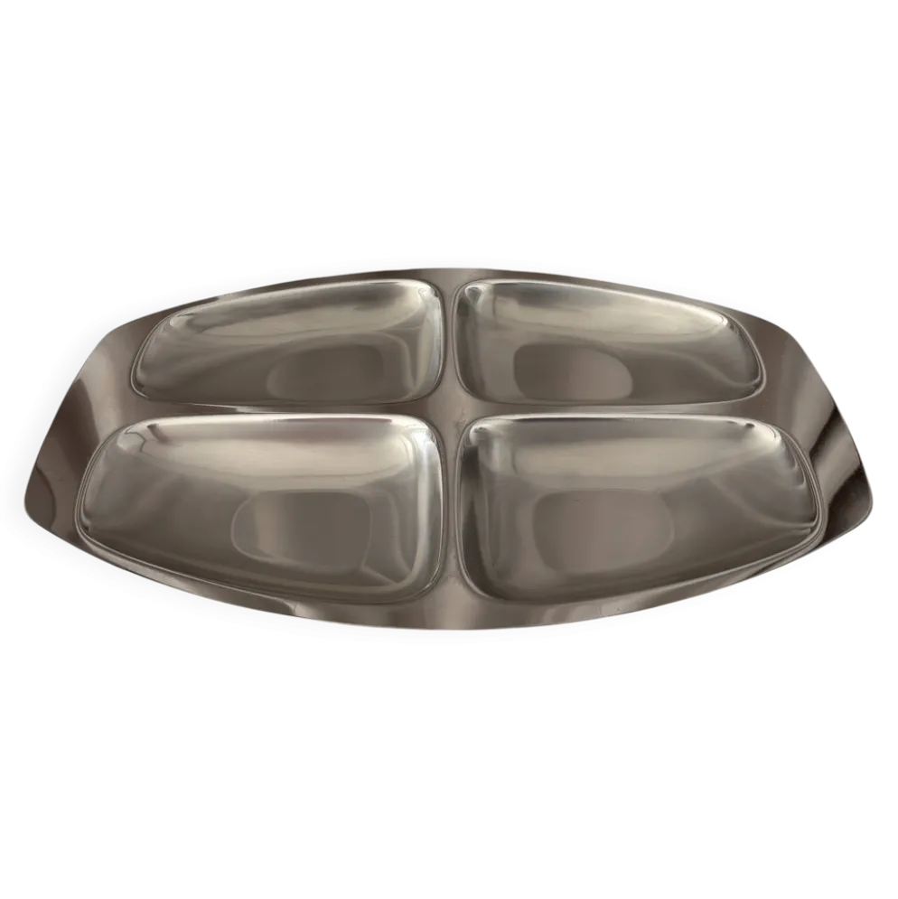 Plateau de service vintage Alessi en acier inoxydable 18/10 à quatre compartiments – Italie