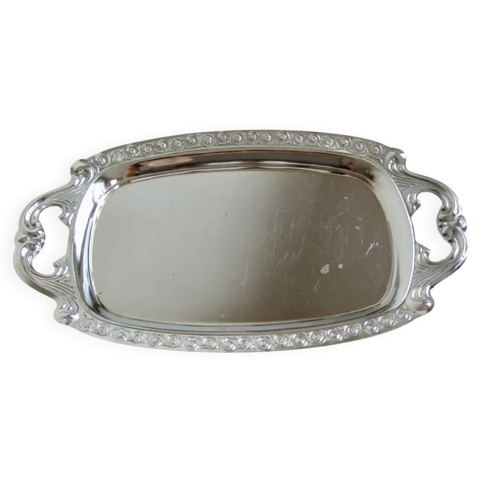 Plateau de service vintage métal argenté – Poignées et bordure gravée style