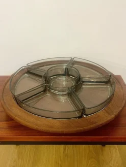 Plateau Digsmed vintage en teck – Lazy Susan rotatif 6 ramequins – des