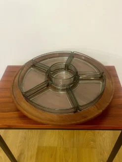 Plateau Digsmed vintage en teck – Lazy Susan rotatif 6 ramequins – des