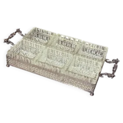 Plateau en argent avec six plats en verre taillé, ensemble de divertissement vintage