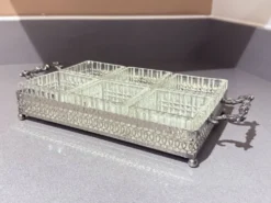 Plateau en argent avec six plats en verre taillé, ensemble de divertissement vintage
