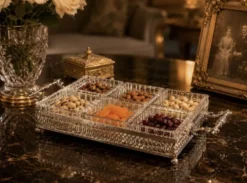 Plateau en argent avec six plats en verre taillé, ensemble de divertissement vintage