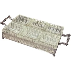 Plateau en argent avec six plats en verre taillé, ensemble de divertissement vintage