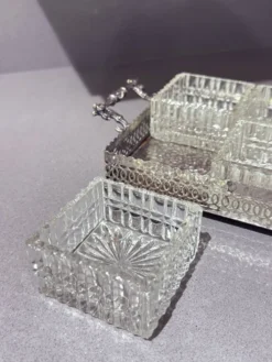 Plateau en argent avec six plats en verre taillé, ensemble de divertissement vintage