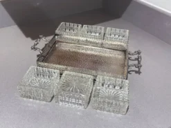 Plateau en argent avec six plats en verre taillé, ensemble de divertissement vintage