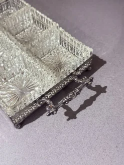 Plateau en argent avec six plats en verre taillé, ensemble de divertissement vintage
