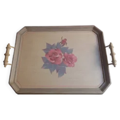Plateau en bois decor fleurs roses