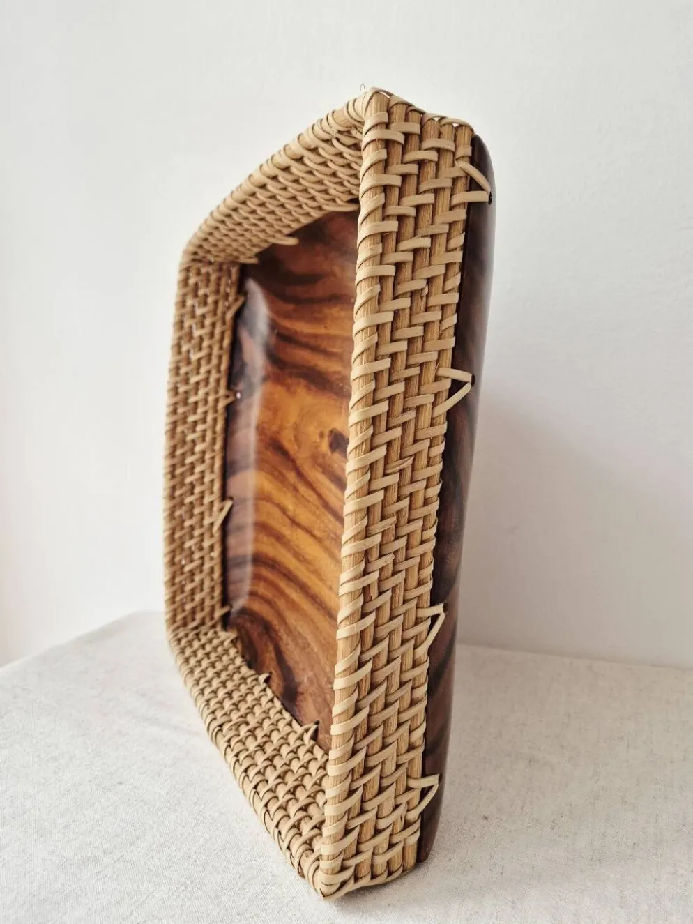 Plateau en bois et rotin '80s - Vintage