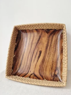 Plateau en bois et rotin '80s - Vintage