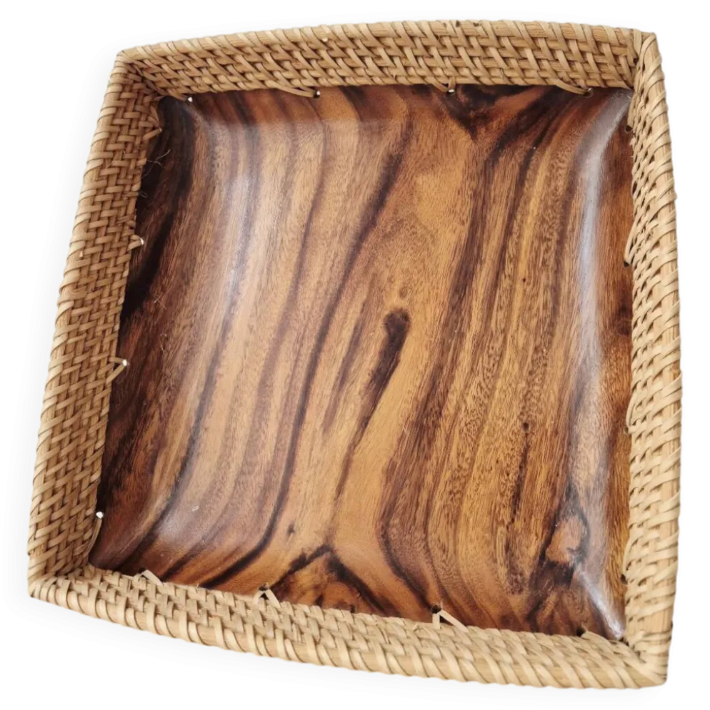 Plateau en bois et rotin '80s - Vintage