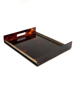 Plateau en laiton et lucite en écaille de tortue de style Hollywood Regency, Italie, années 1970.