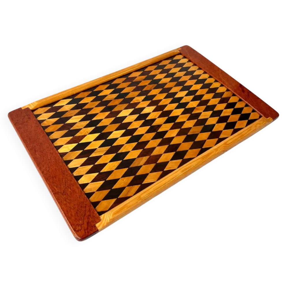 Plateau en marqueterie géométrique fait main, unique en son genre