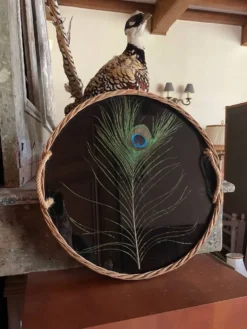 Plateau en rotin vintage plume de paon