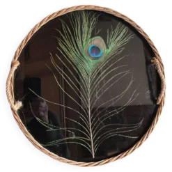 Plateau en rotin vintage plume de paon