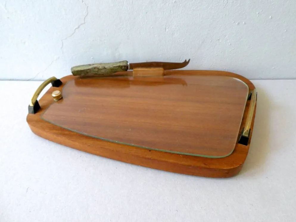 Plateau en teck et verre, scandinave, années 60
