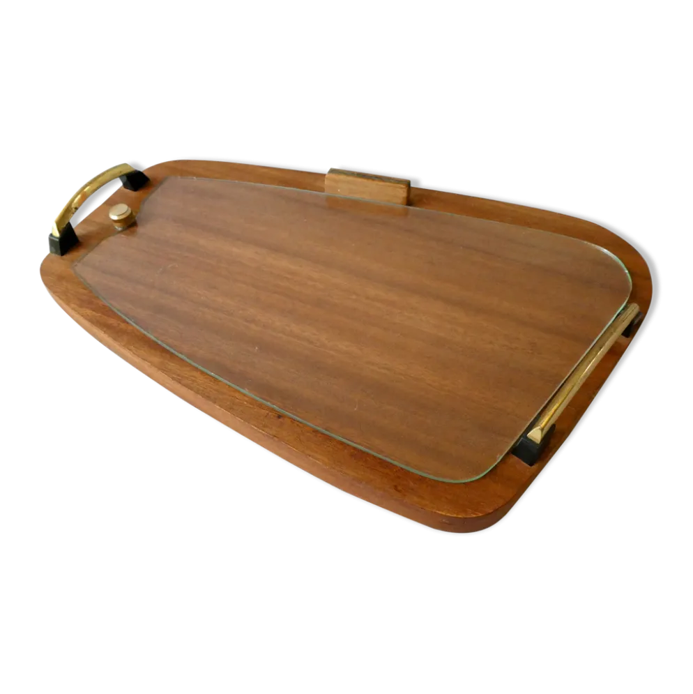 Plateau en teck et verre, scandinave, années 60