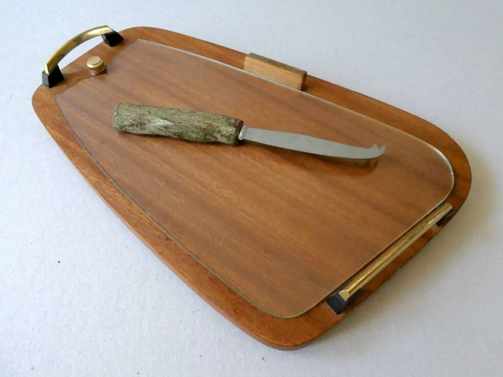 Plateau en teck et verre, scandinave, années 60