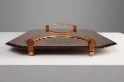 Plateau en verre miroir et cuivre Art Déco, Belgique vers 1920