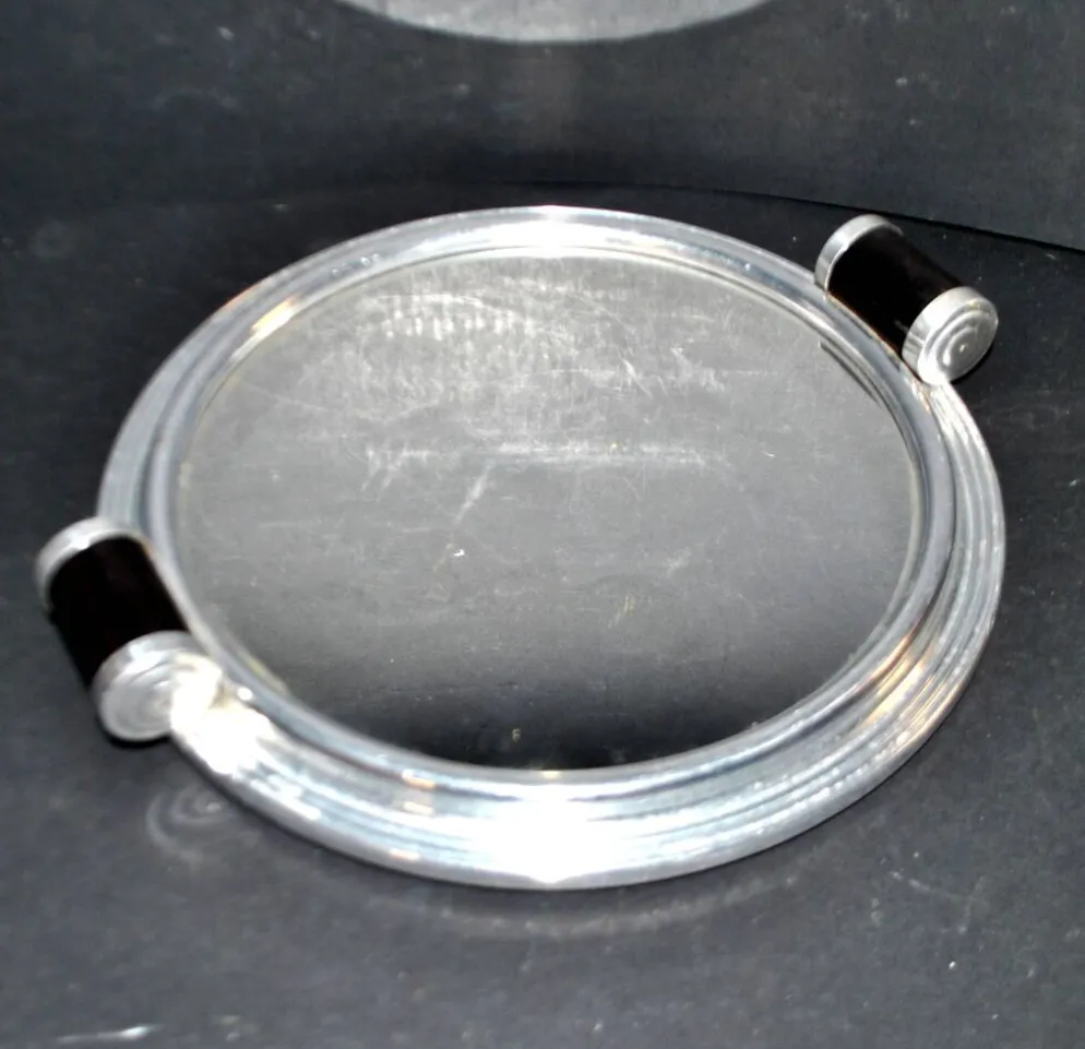 Plateau miroir art déco en métal chromé et bois 1930
