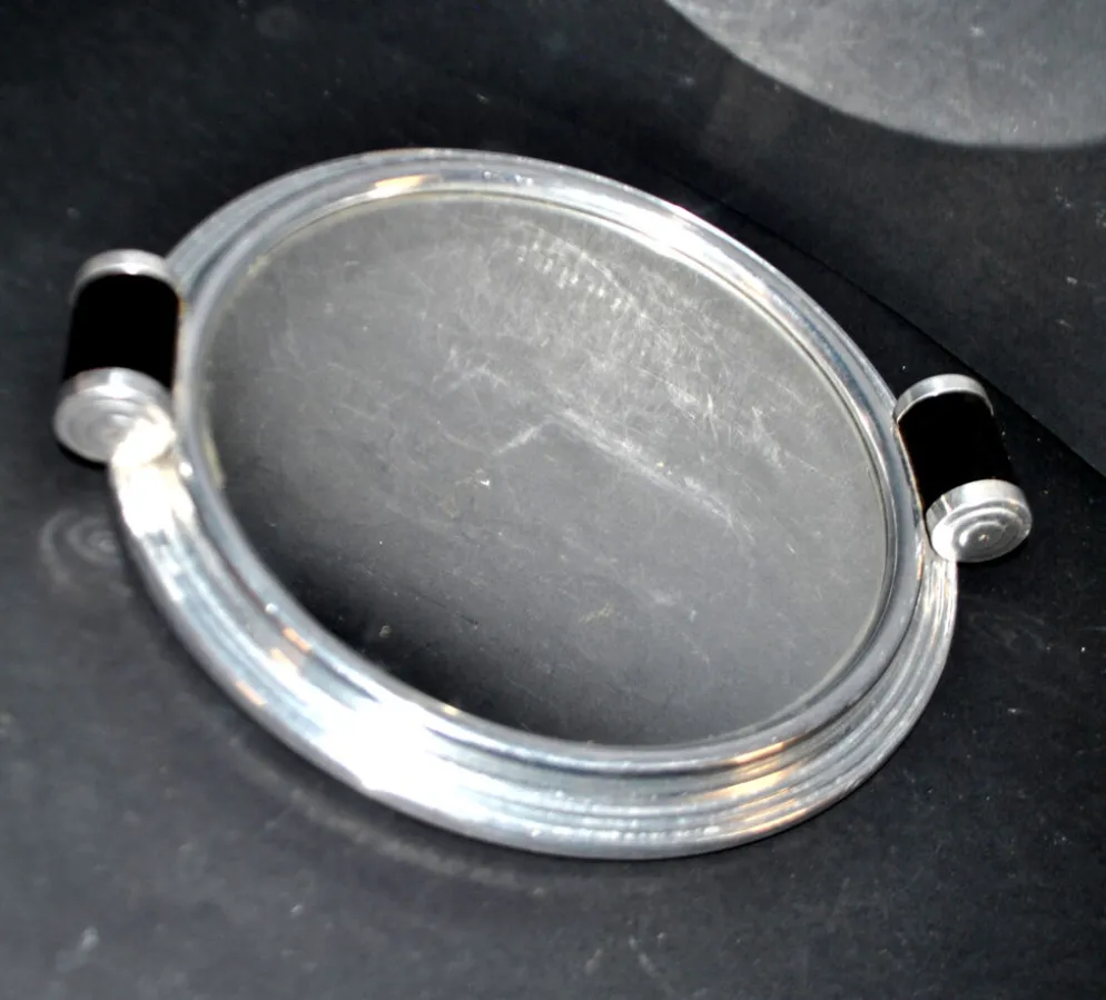 Plateau miroir art déco en métal chromé et bois 1930