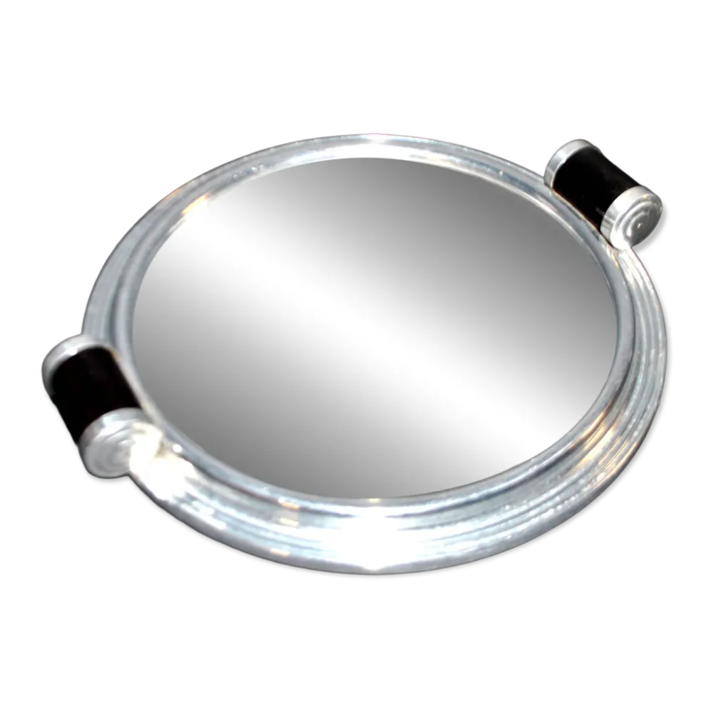 Plateau miroir art déco en métal chromé et bois 1930