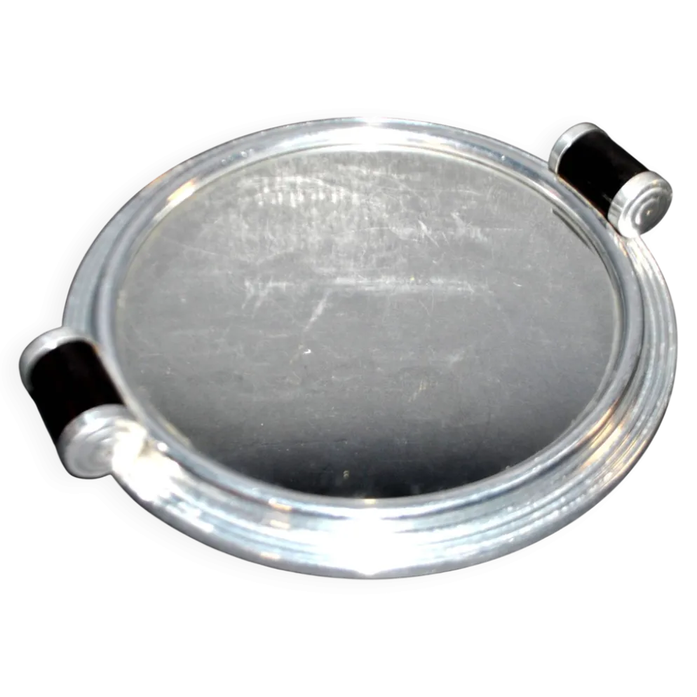 Plateau miroir art déco en métal chromé et bois 1930