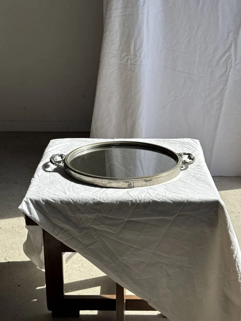 Plateau miroir circulaire à deux anses H3,5 D48