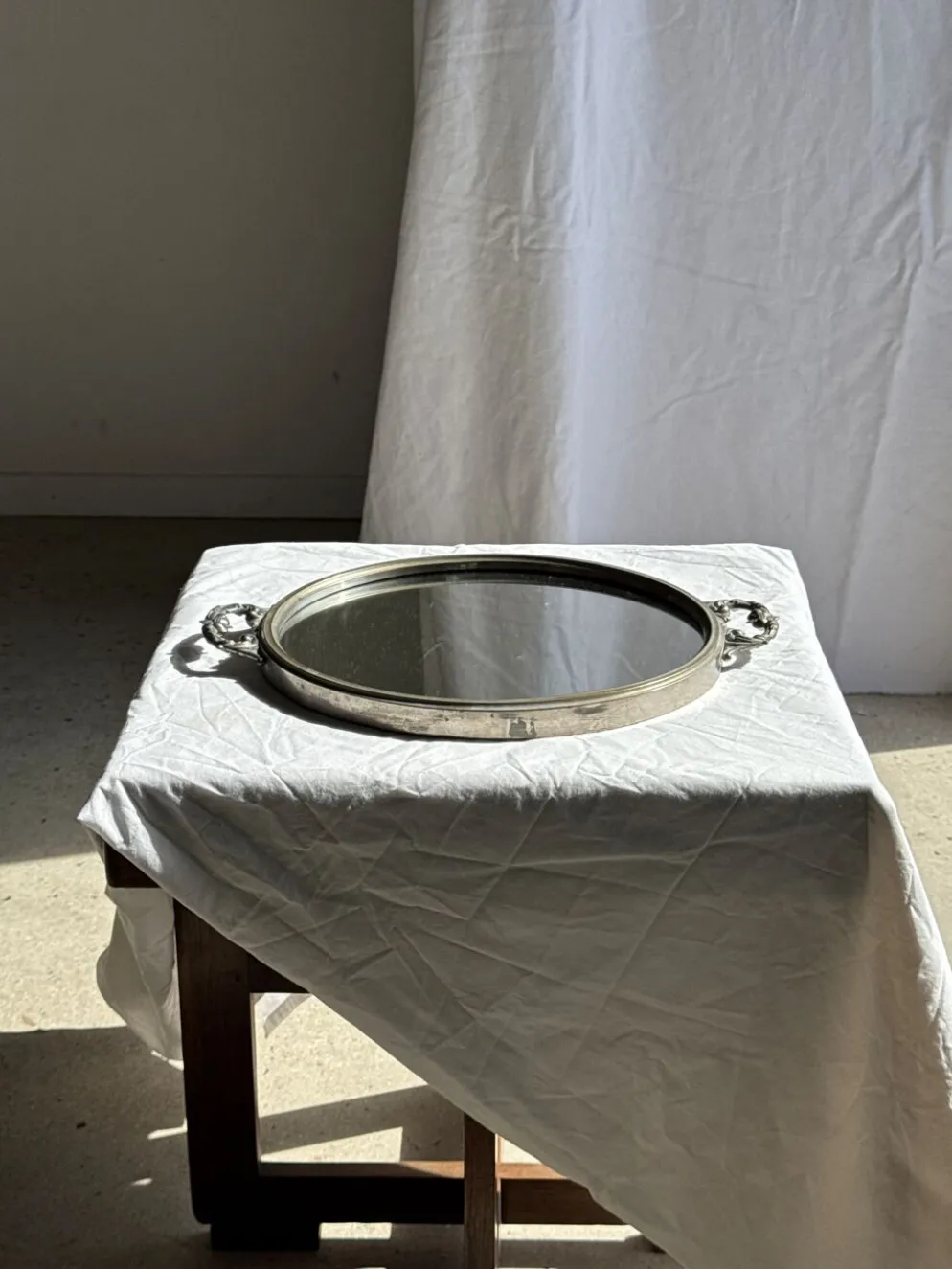 Plateau miroir circulaire à deux anses H3,5 D48
