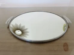 Plateau miroir rond, en métal chromé, art déco, années 30-40