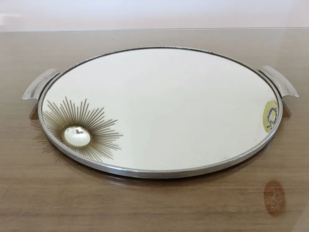 Plateau miroir rond, en métal chromé, art déco, années 30-40