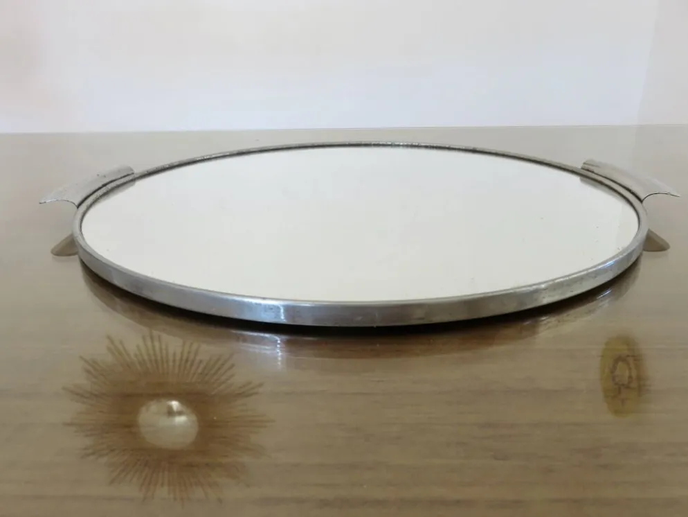 Plateau miroir rond, en métal chromé, art déco, années 30-40