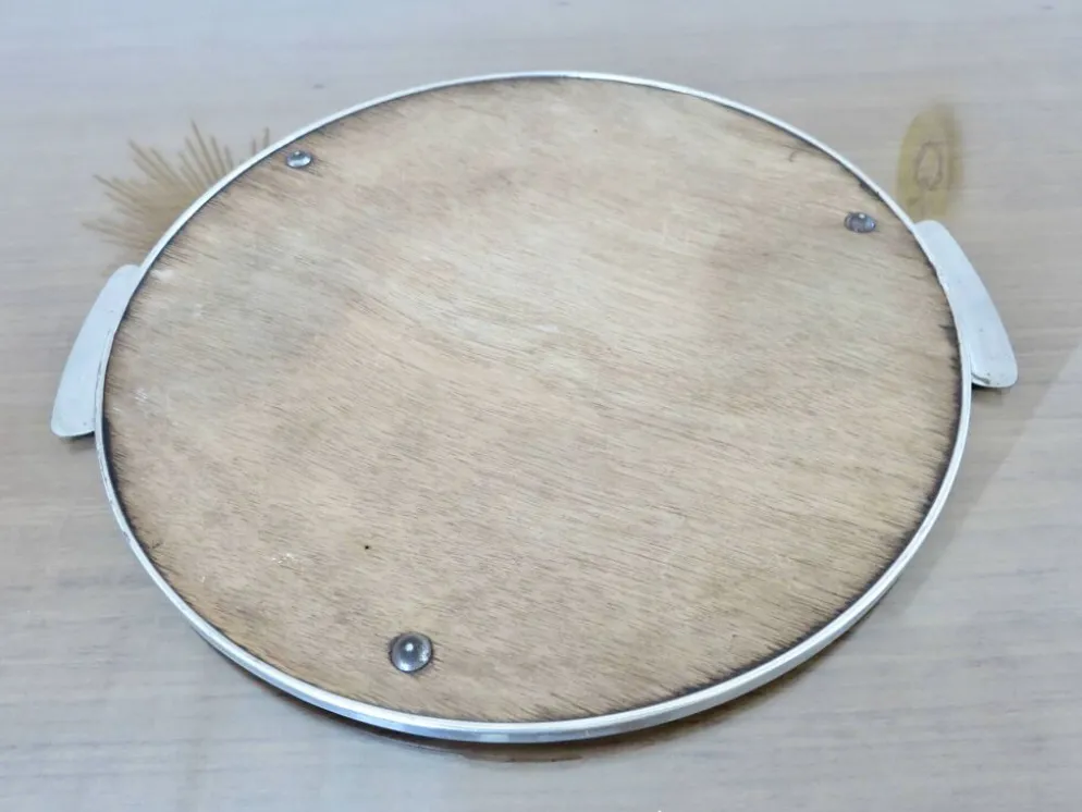 Plateau miroir rond, en métal chromé, art déco, années 30-40
