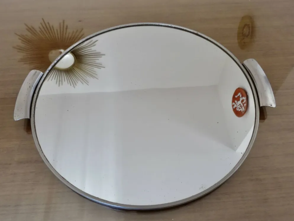 Plateau miroir rond, en métal chromé, art déco, années 30-40